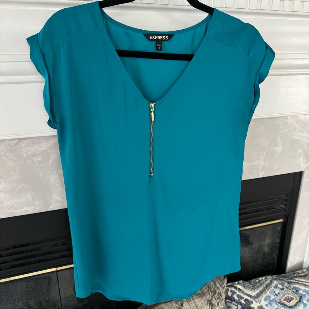 EXPRESS Silky Zip Front Teal Blouse